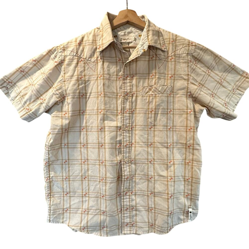 Split Beige Tan Plaid Western Short Sleeve Button Down Shirt Embroider L Large